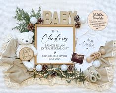 a baby announcement with teddy bears and pine cones on it, surrounded by other items