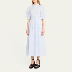 Gabriela Hearst "Maude" shirtdress with topstitch boning detail  Point collar; concealed button front Structured elbow-length short sleeves Detachable self-belt Midi length A-line silhouette Cotton Made in Italy Short Sleeve Midi Dress With Placket For Workwear, Short Sleeve Workwear Dresses With Placket, Fitted Short Sleeve Midi Dress With Placket, Spring Shirt Dress With Cuffed Sleeves And Collar, Fitted Midi Dress With Placket And Short Sleeves, Spring Collared Shirt Dress With Cuffed Sleeves, Classic Short Sleeve Midi Dress With Placket, Summer Daywear Dresses With Belted Cuffs, Casual Short Sleeve Shirt Dress With Button Closure