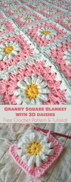 a crocheted blanket with flowers on it and the words granny square blanket written in white