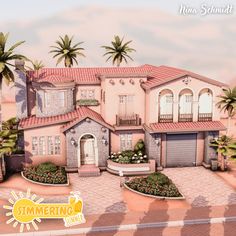 this is an artist's rendering of a house with palm trees in the front yard