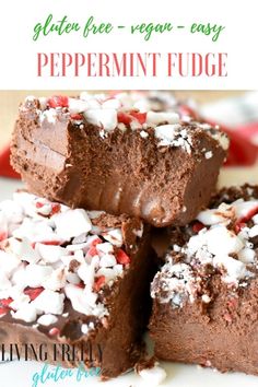 chocolate peppermint fudge bars stacked on top of each other