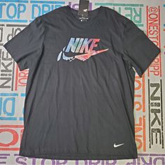 Nike Logo Tee Sz Xl Black Nike Black Cotton Tops, Black Nike Cotton Top, Black Cotton Nike Tops, Nike Black Shirt With Letter Print, Nike Black Tops With Logo Print, Nike Black Shirt For Streetwear, Nike Black Summer T-shirt, Black Sporty Shirt With Logo Print, Sporty Black Shirt With Logo Print