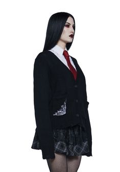 This cardigan has an acrylic knit construction with ribbed knit cuffs and hem, a distressed design, front pockets, an embroidered spider web on the front pocket, an embroidered ankh symbol on the chest, embroidered bat wings on the back, and front button closures. Fitted Black Sweater With Pockets, Embroidered Spider, Ankh Symbol, Vampire Goth, Halloween Items, Halloween Sale, Bat Wings, Black Cardigan, Spider Web