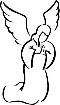 a black and white drawing of an angel with its wings spread out, holding his head in