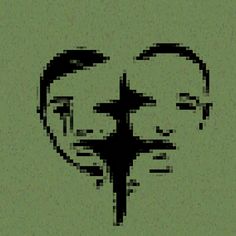 an image of a face made out of pixellated images and text on a green background