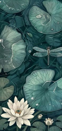 water lilies and dragonflies are floating on lily pads