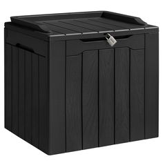 a black plastic storage box with a tag on it