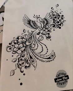 an ink drawing of a bird with feathers and flowers on it's back side