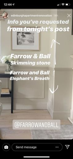 an image of a living room with the text above it that reads, in you've requestated from tonight's post farrow & ball swimming stone