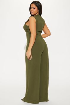 Available In Black And Olive. Jumpsuit High Neck Sleeveless Hidden Back Zipper Wide Leg Inseam= 33" Self: 95% Polyester 5% Spandex Imported | New To This Jumpsuit in Olive Green size Small by Fashion Nova Olive Green Jumpsuit Outfit, Green Jumpsuit Outfit, Olive Jumpsuit, Olive Green Jumpsuit, Olive Fashion, Jumpsuit Outfit, Green Jumpsuit, High Neck Sleeveless, Jumpsuits For Women