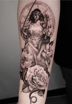 a woman with scissors and roses on her arm is shown in black and grey ink