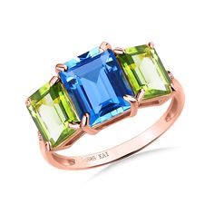 14K Solid Gold or Sterling Silver 1 Piece 7 x 9 mm Topaz｜Swiss Blue｜Emerald-Cut｜Eye Clean Topaz CTW: 3.40 2 Pieces 5 x 7 mm Peridot｜Green｜Emerald-Cut｜Eye Clean Peridot CTW: 2.00 Diamond Grade: G Color｜VS Clarity Diamond CTW: 0.03 Blue Emerald, Peridot Green, Three Stone Rings, Green Emerald, Three Stone, Emerald Cut, Stone Rings, Emerald Green, Colored Diamonds