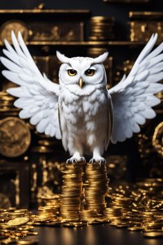 an owl sitting on top of stacks of gold coins with wings spread over its body