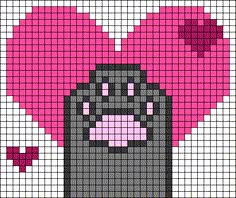 a cross stitch pattern with a black cat and pink heart