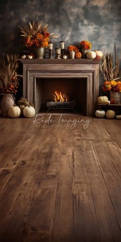 a fireplace with pumpkins and gourds on the mantle