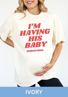 Celebrate your exciting news in style with our "I'm Having His Baby" pregnancy announcement shirt! Perfect for a fun and memorable way to share your big news with family and friends, this tee combines comfort with a playful twist. Featuring a bold and cute design, it's ideal for casual gatherings, social media reveals, or photoshoots. Made from soft, breathable fabric, this shirt is designed to keep you feeling cozy throughout your pregnancy journey. Whether it's for a gender reveal, baby shower, or just because--this shirt is sure to bring smiles! Info Size up for oversized look! Comfort Colors But Daddy I Love Him, Daddy I Love Him, Pregnancy Reveal Shirt, Baby Pregnancy, Pregnancy Announcement Shirt, Pregnancy Journey, Pregnancy Reveal, Comfort Colors Shirt, Baby Comforter