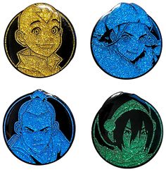 four different avatars are depicted in this set of three magnets, each with glittery blue and green colors