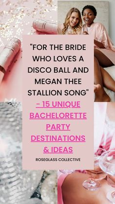 two women in pink dresses sitting on a bed with the words for the bride who loves a disco ball and stallion song