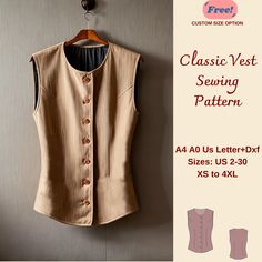 a women's vest sewing pattern with the text, classic vest sewing pattern