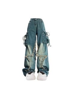 High Waist Grunge Cargo Jeans For Streetwear, High Waist Grunge Cargo Jeans, Punk Style Distressed Wide Leg Bottoms, Distressed Wide Leg Punk Bottoms, Punk Wide-leg Distressed Bottoms, High-waist Distressed Cargo Jeans For Streetwear, Edgy High Waist Cargo Jeans For Streetwear, Edgy High-waist Cargo Jeans For Streetwear, Punk Style Distressed Baggy Bottoms