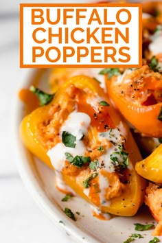 a white plate topped with bell peppers covered in cheese and sauce next to the words buffalo chicken poppers