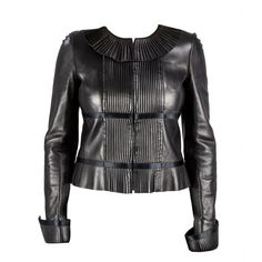 Featuring a soft lambskin leather Chanel jacket, pleated ruffle collar, pleating on front, back, and repeated on the sleeves, straight zip down the front; signature Chanel logo buttons; lined with silk signature Chanel logo for added comfort. A cool and sassy jacket for any fashionista! Lambskin Jacket, Chanel Jacket, Straight Jacket, Lambskin Leather Jacket, Chanel Logo, Chanel Fashion, Ruffle Collar, Chanel Black, Jacket Design