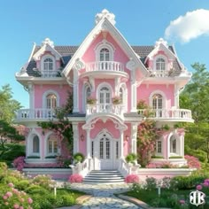 a pink and white house with lots of flowers on the front porch, and stairs leading up to it