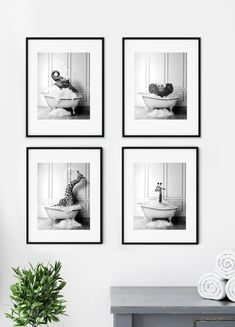 four black and white pictures hanging on the wall above a table with towels in front of them