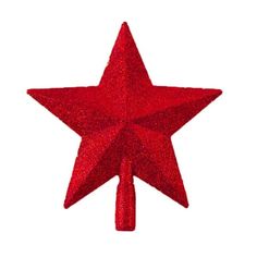 a red glitter star ornament on a white background