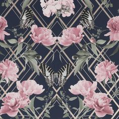 a wallpaper pattern with pink flowers and a butterfly on the top one flower is black, while the rest of the background is dark blue