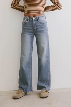 Sellyah Straight Leg Jeans | böhme 1970s Style Straight Leg Medium Wash Jeans, Indigo Washed Straight Leg Jeans, Denim Blue Stonewashed Straight Leg Jeans, Bohemian Straight Leg Non-stretch Jeans, Pre-washed Straight Leg Rigid Denim Jeans, Denim Material, Distressed Jeans, Wide Leg Jeans, Summer Aesthetic