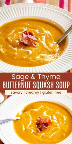 two bowls of soup with bacon on top and the words sage & thye butternut squash soup