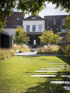 a garden with stepping stones in the grass