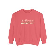 Bundle up, buttercup! Our "Sweater Weather" Sweatshirt is here to wrap you in a cozy embrace warmer than your ex's apology text. This isn't just a sweatshirt – it's a wearable ode to that magical time of year when leaves turn crisp and your dating standards turn flexible. Perfect for sipping pumpkin spice lattes, pretending to enjoy football, or aggressively cuddling your cat while scrolling through dating apps. With this sweatshirt, you're not just embracing autumn, you're practically french-ki Cozy Spring Sweater With Letter Print, Cozy Letter Print Sweater For Spring, Cozy Long Sleeve Weekend Tops, Cozy Long Sleeve Tops For Weekend, Winter Leisure Sweater With Letter Print, Leisure Winter Sweater With Letter Print, Trendy Fleece Crew Sweater, Winter Crew Neck Leisure Sweater, Winter Crew Neck Sweater For Leisure