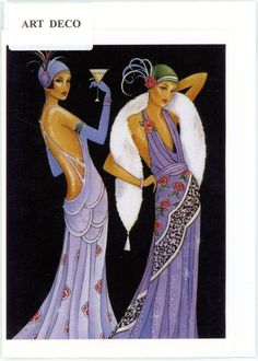 two women dressed in art deco clothing holding martinis and looking at each other's back