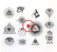 an assortment of hand and eye tattoos on white paper