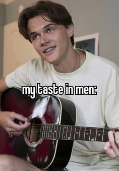 a man holding a guitar with the words my last in men on it and an image of