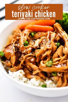 a white bowl filled with shredded chicken and broccoli on top of brown rice