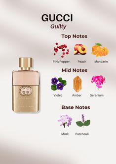 Step into luxury with Gucci Guilty! Explore the vibrant top notes of pink pepper, peach, and mandarin, leading to the intoxicating mid notes of violet, amber, and geranium. Surrender to the allure of the base notes - musk and patchouli. Elevate your senses with this captivating fragrance. Click now to experience guilt-free indulgence! 💖✨ #GucciGuilty #LuxuryPerfume #FragranceNotes #ScentObsessed Gucci Guilty Perfume Woman, Gucci Guilty Perfume, Guilty Gucci, Gucci Guilty Pour Femme, Parfum Gucci, Gucci Fragrance, Best Perfumes For Women, Essential Oil Perfumes Recipes, Perfume Notes