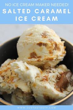 no ice cream maker needed salted caramel ice cream in a bowl with text overlay