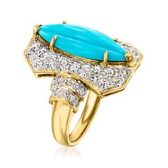 Ross-Simons - C. 2000 Vintage Turquoise, .92ct t. w. Diamond Ring in 18kt Yellow Gold. Size 6.25. C. 2000. Turquoise and diamonds make a sumptuous pair in our Estate collection ring! A carved 17x6mm marquise turquoise pops against a curvy 18kt yellow gold backdrop coated with .92 ct. t. w. round brilliant-cut diamonds, which also spill onto the step-style design on the band. 3/4" wide. Diamond and turquoise ring. Exclusive, one-of-a-kind Estate Jewelry. Luxury Yellow Gold Turquoise Ring For Formal Occasions, Formal Turquoise Multi-stone Rings, Formal Turquoise Cabochon Ring Fine Jewelry, Formal Fine Jewelry Turquoise Cabochon Ring, Formal Fine Jewelry Turquoise Diamond Ring, Formal Turquoise Diamond Ring With Gemstone, Formal Turquoise Cabochon Ring, Formal Turquoise Diamond Ring, Luxury Yellow Gold Turquoise Ring For Anniversary