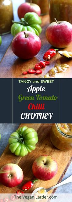 green tomato and red apple chutney on a cutting board