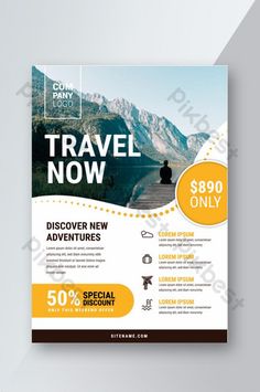 a travel flyer with mountains in the background