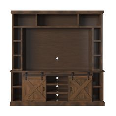 a wooden entertainment center with sliding doors on the front and side panels that are open