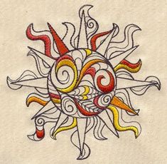 an embroidered design with swirls and sun on white linen fabric, which has been stitched onto the side of a piece of cloth