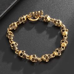 Brand New Men's Gold Skull Bracelet Genuine 14k Gold Plated Sterling Silver Length - 8" (Most Common Men's Size) Retail Price $350 Buy With Confidence From A Trusted Seller With A 99%+ Feedback Rating! A0263 (Id-1138-) Metal Skull Jewelry With Skull Print, Gold Skull-shaped Engraved Jewelry, Gold Adjustable Skull Bracelets, Adjustable Gold Skull Bracelets, Gold Bracelets For Men, Gold Jewelry For Men, Random Wishlist, Mens Gold Jewelry, Gold Skull