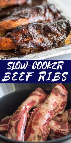 slow cooker beef ribs in a skillet with text overlay