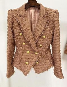 Brown Textured Double-Breasted Blazer Jacket | Hong Hae In - Queen Of Tears Brown S Blue Tweed Blazer, Blazer Rose, Tweed Blazer Women, Brown Suit, Slim Blazer, Womens Tweed, Tweed Pattern, Green Tweed, Brown Suits