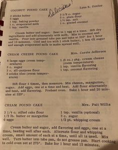 an old recipe book is open to show information about the ingredients and instructions for cake