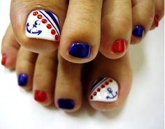 Anchor, Sailor pedi toe nail design..cute!! Toenail Art Designs, Cruise Nails, Nautical Nails, Fourth Of July Nails, Nail Design Inspiration, July Nails